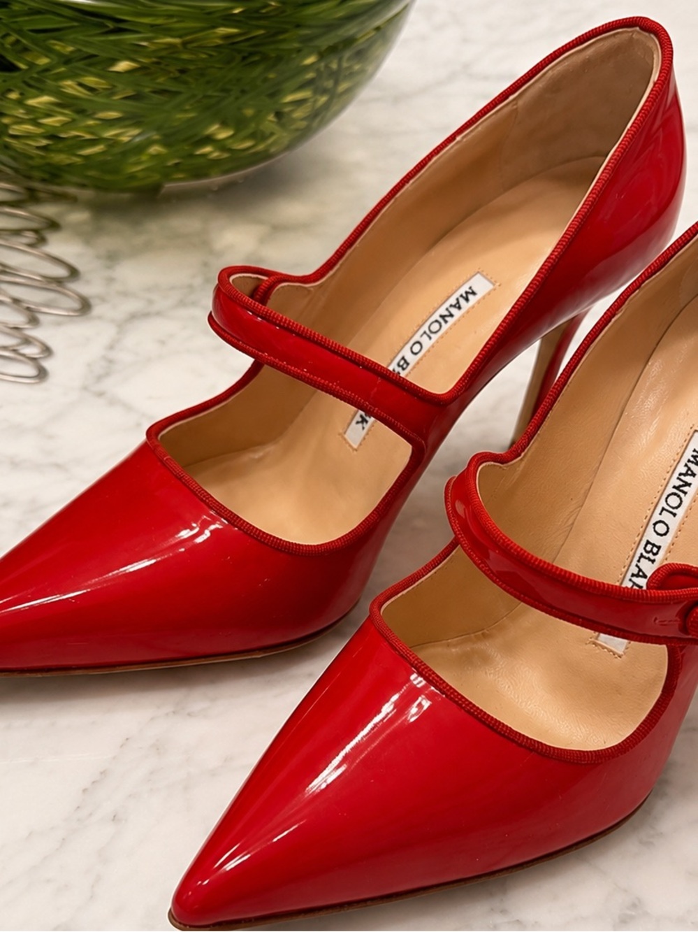 Manolo Blahnik Red Patent Leather Pointed Mary Jane Pumps